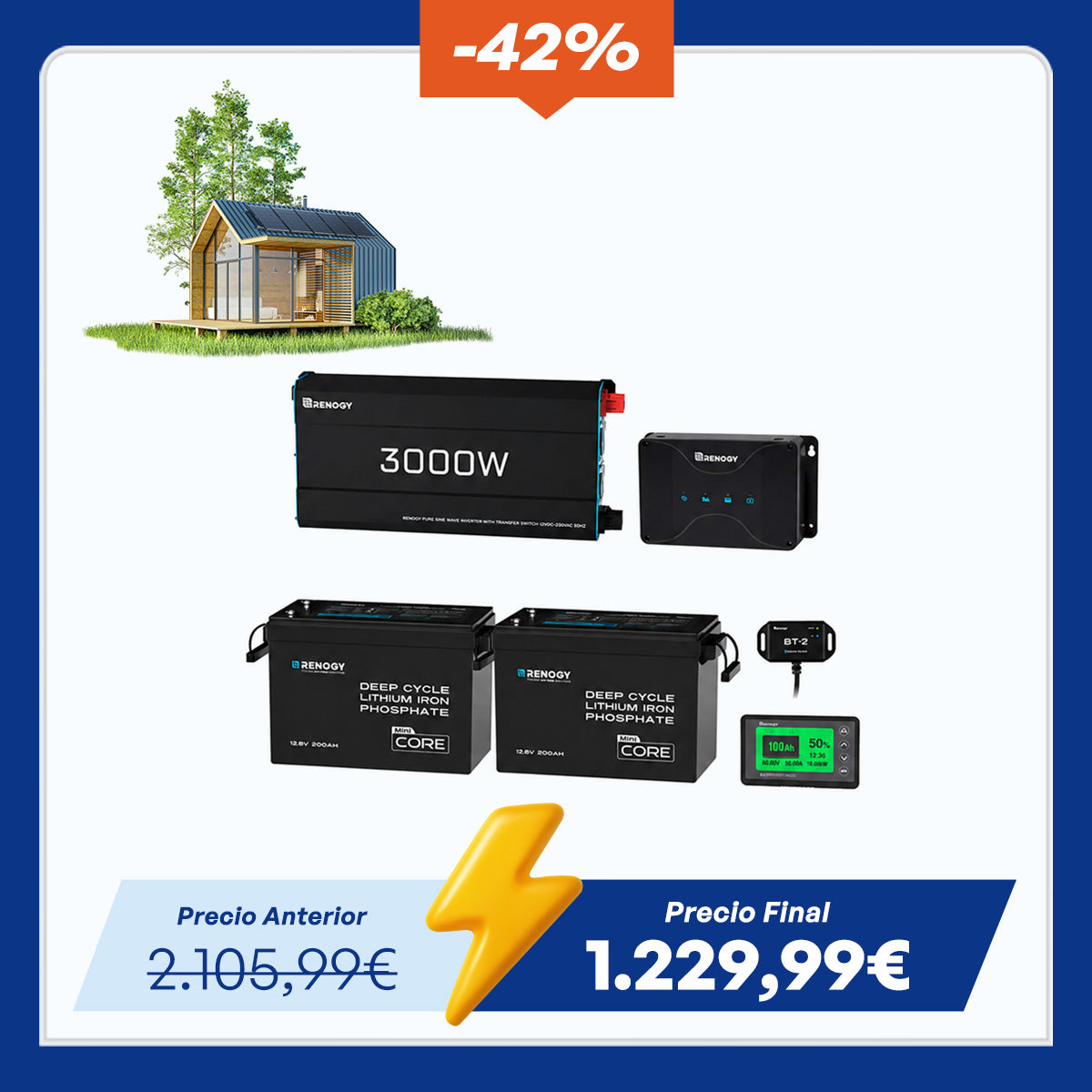 5,12 kWh Power System Caravan & Off-Grid | 2x200Ah LiFePO4 Accu, 3000W Omvormer